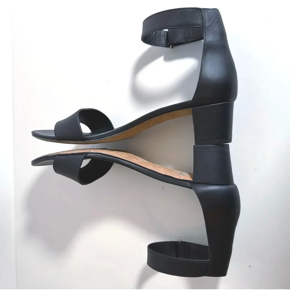 Vince Black Leather Ankle Strap Block Heel Sandals Women 9 Open Toe Dress Shoes